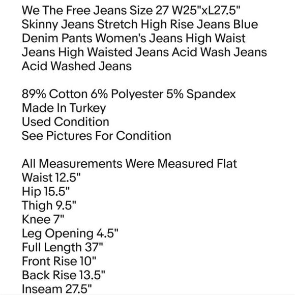 We The Free Jeans Size 27 W25"xL27.5" Skinny Jeans Stretch High Rise Jeans Blue - Picture 2 of 6